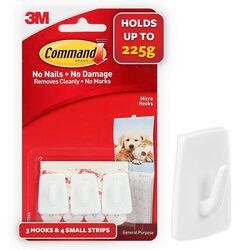 3M Command Micro Hook -  3 Hook 4 Small Strips - upto 225g 